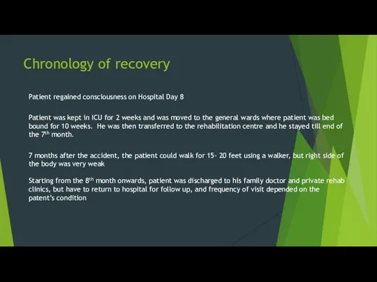 Chronology of recovery Patient regained consciousness on Hospital Day 8 Patient was