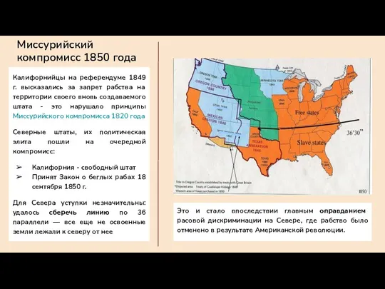 Миссурийский компромисс 1850 года Это и стало впоследствии главным оправданием расовой дискриминации