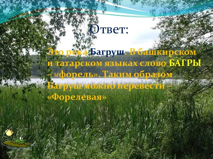 Ответ: Это река Багруш. В башкирском и татарском языках слово БАГРЫ –