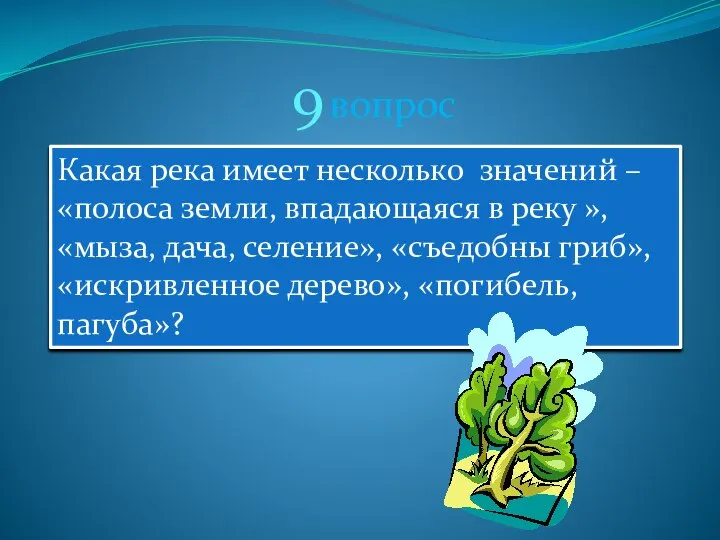 9 вопрос Какая река имеет несколько значений – «полоса земли, впадающаяся в