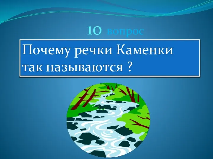 10 вопрос Почему речки Каменки так называются ?