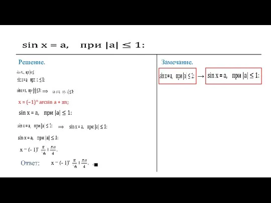 Решение. ⟹ х = (–1)n arcsin a + πn; ⟹ Замечание. →