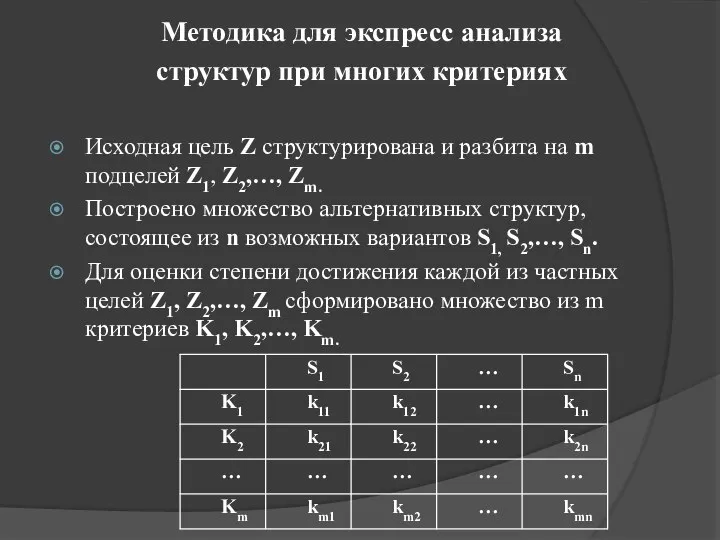 Методика для экспресс анализа структур при многих критериях Исходная цель Z структурирована