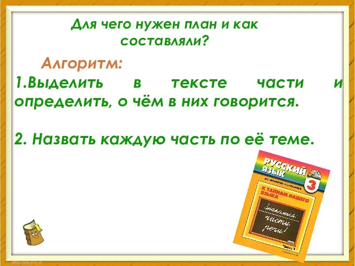 Для чего нужен план и как составляли? Алгоритм: 1.Выделить в тексте части