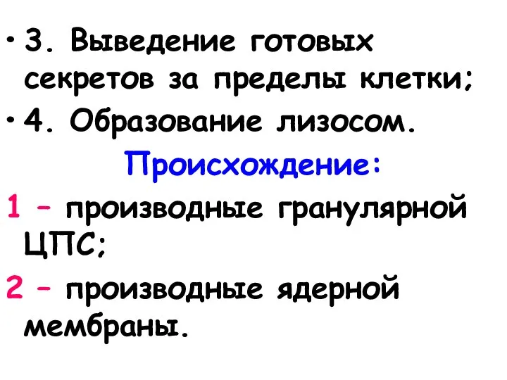 3. Выведение готовых секретов за пределы клетки; 4. Образование лизосом. Происхождение: 1