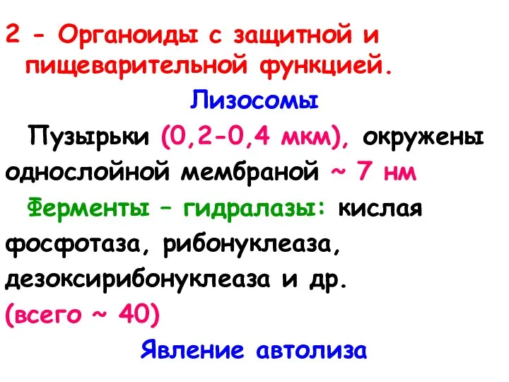 2 - Органоиды с защитной и пищеварительной функцией. Лизосомы Пузырьки (0,2-0,4 мкм),