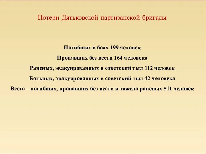 Потери Дятьковской партизанской бригады Погибших в боях 199 человек Пропавших без вести