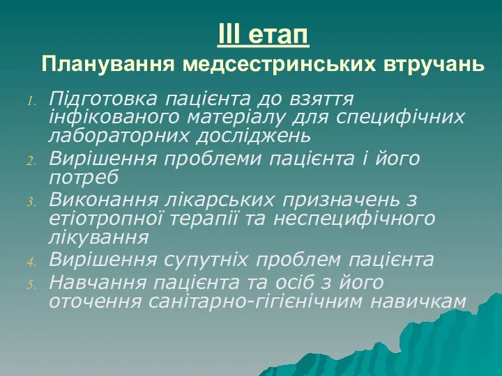 ІІІ етап Планування медсестринських втручань Підготовка пацієнта до взяття інфікованого матеріалу для