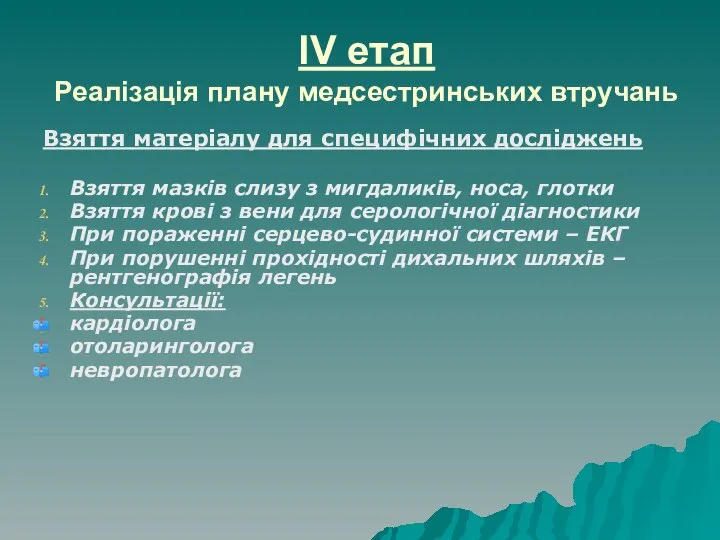 IV етап Реалізація плану медсестринських втручань Взяття матеріалу для специфічних досліджень Взяття