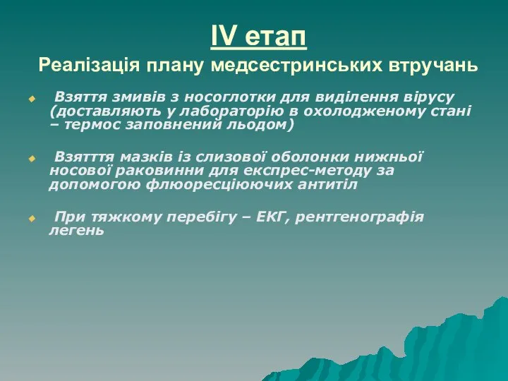 IV етап Реалізація плану медсестринських втручань Взяття змивів з носоглотки для виділення