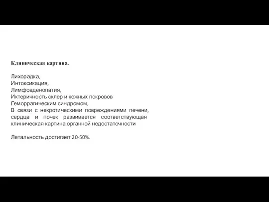 Клиническая картина. Лихорадка, Интоксикация, Лимфоаденопатия, Иктеричность склер и кожных покровов Геморрагическим синдромом,