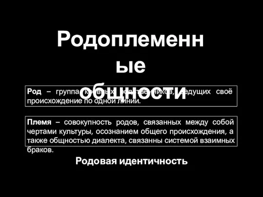 Родоплеменные общности Родовая идентичность Род – группа кровных родственников, ведущих своё происхождение