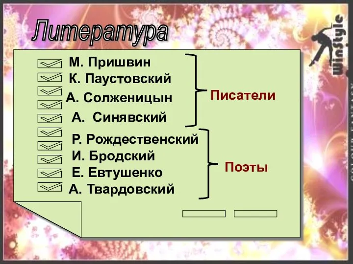 Литература М. Пришвин К. Паустовский А. Солженицын А. Синявский И. Бродский Е.