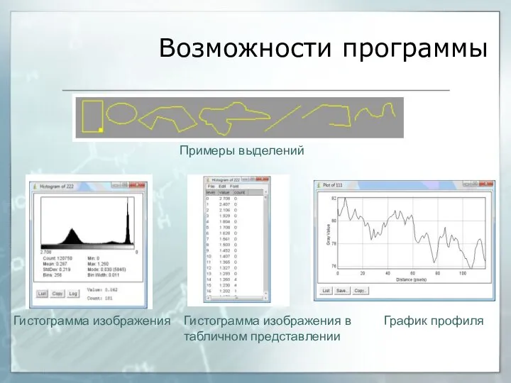 Возможности программы Примеры выделений Гистограмма изображения Гистограмма изображения в табличном представлении График профиля