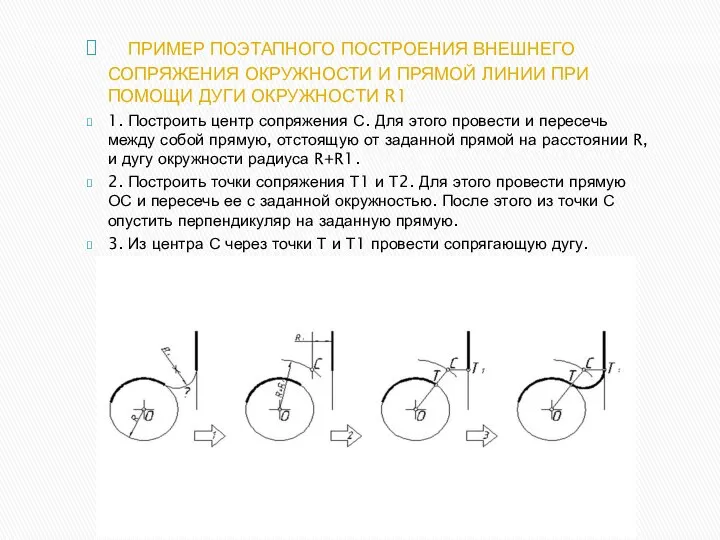 ПРИМЕР ПОЭТАПНОГО ПОСТРОЕНИЯ ВНЕШНЕГО СОПРЯЖЕНИЯ ОКРУЖНОСТИ И ПРЯМОЙ ЛИНИИ ПРИ ПОМОЩИ ДУГИ