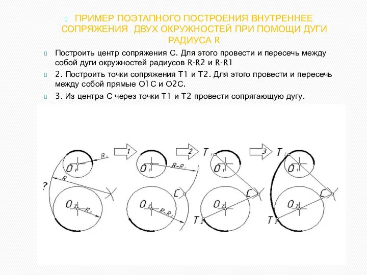 ПРИМЕР ПОЭТАПНОГО ПОСТРОЕНИЯ ВНУТРЕННЕЕ СОПРЯЖЕНИЯ ДВУХ ОКРУЖНОСТЕЙ ПРИ ПОМОЩИ ДУГИ РАДИУСА R