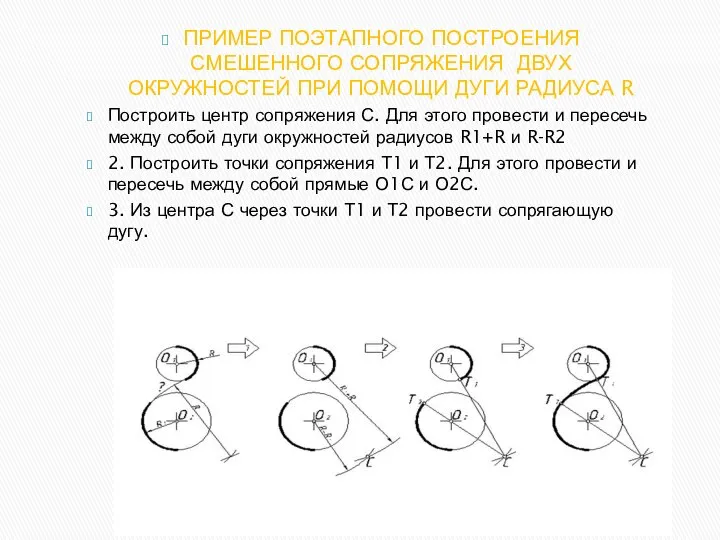 ПРИМЕР ПОЭТАПНОГО ПОСТРОЕНИЯ СМЕШЕННОГО СОПРЯЖЕНИЯ ДВУХ ОКРУЖНОСТЕЙ ПРИ ПОМОЩИ ДУГИ РАДИУСА R