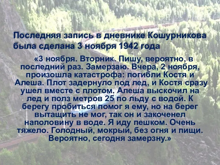 Последняя запись в дневнике Кошурникова была сделана 3 ноября 1942 года «3