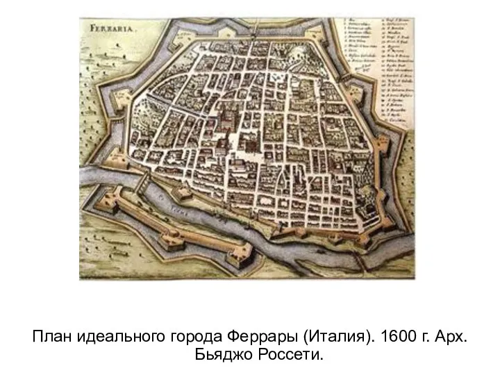 План идеального города Феррары (Италия). 1600 г. Арх. Бьяджо Россети.