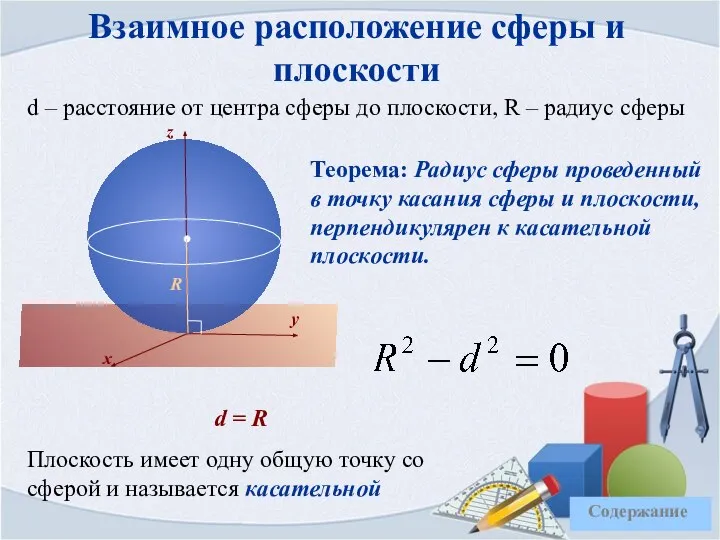 Взаимное расположение сферы и плоскости d – расстояние от центра сферы до