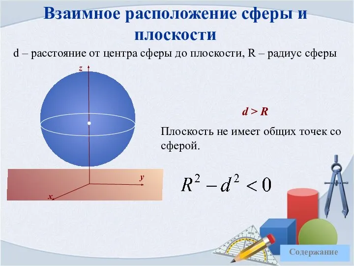 Взаимное расположение сферы и плоскости d – расстояние от центра сферы до