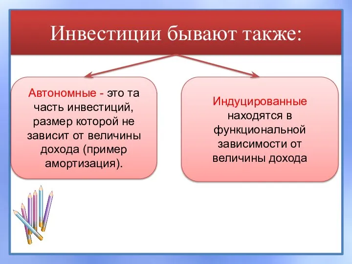 Инвестиции бывают также: Автономные - это та часть инвестиций, размер которой не