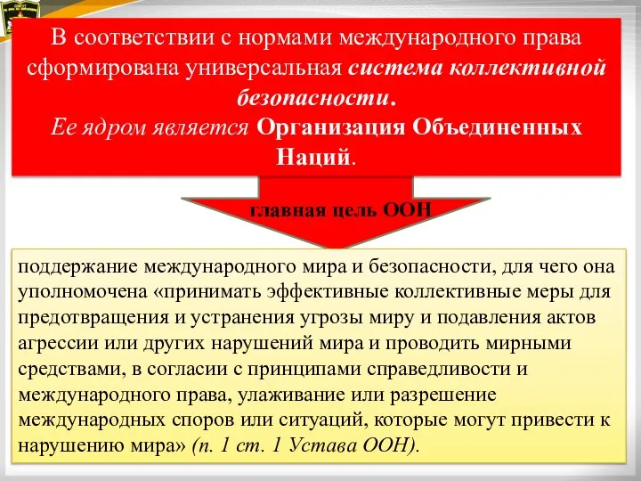 В соответствии с нормами международного права сформирована универсальная система коллективной безопасности. Ее