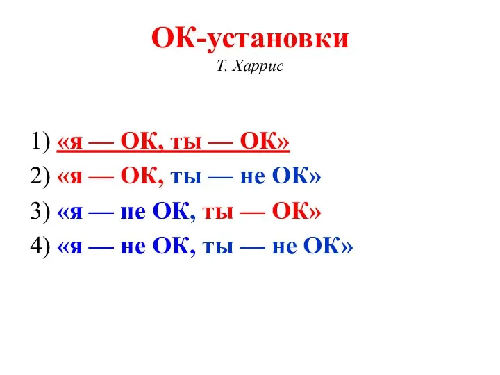 ОК-установки Т. Харрис 1) «я — ОК, ты — ОК» 2) «я