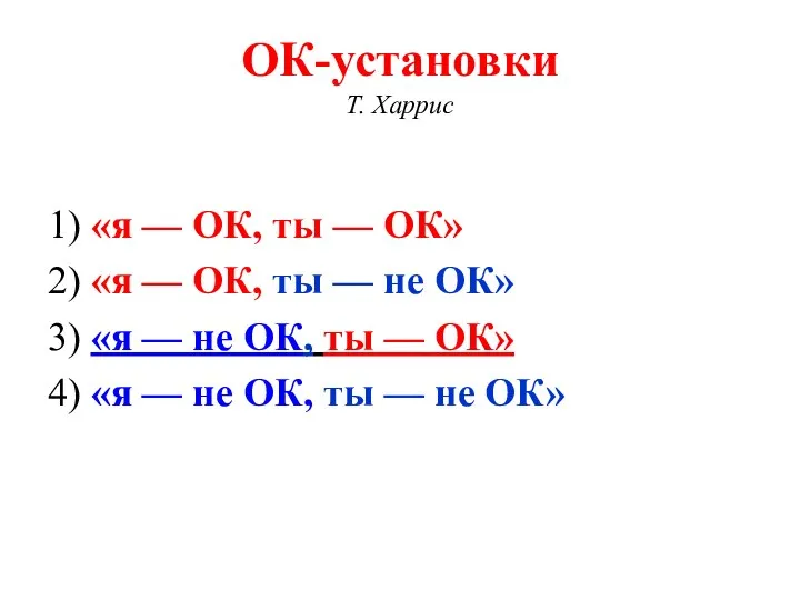 ОК-установки Т. Харрис 1) «я — ОК, ты — ОК» 2) «я