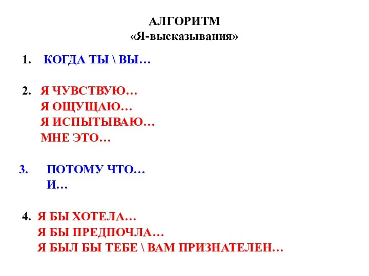 АЛГОРИТМ «Я-высказывания» 1. КОГДА ТЫ \ ВЫ… 2. Я ЧУВСТВУЮ… Я ОЩУЩАЮ…