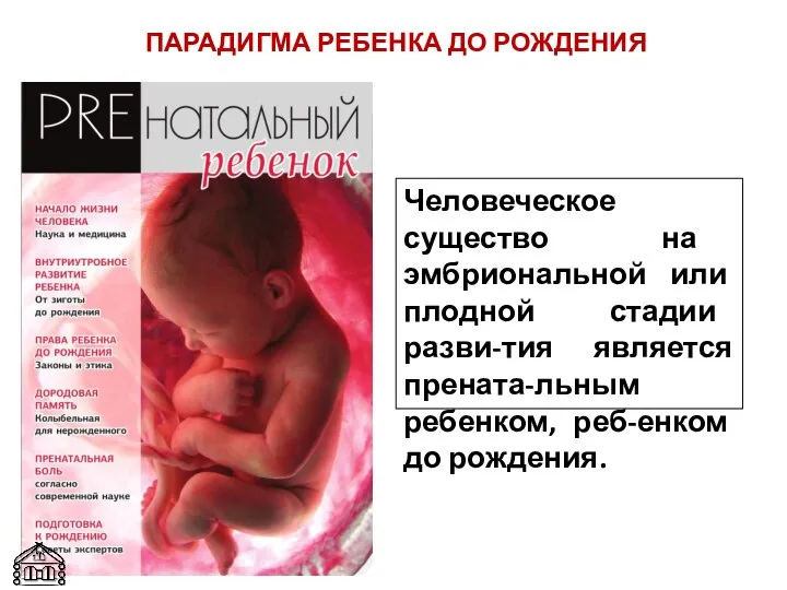 ПАРАДИГМА РЕБЕНКА ДО РОЖДЕНИЯ Человеческое существо на эмбриональной или плодной стадии разви-тия