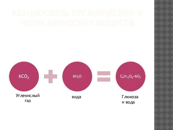 ВЗАИМОСВЯЗЬ ОРГАНИЧЕСКИХ И НЕОРГАНИЧЕСКИХ ВЕЩЕСТВ Углекислый газ вода Глюкоза и вода