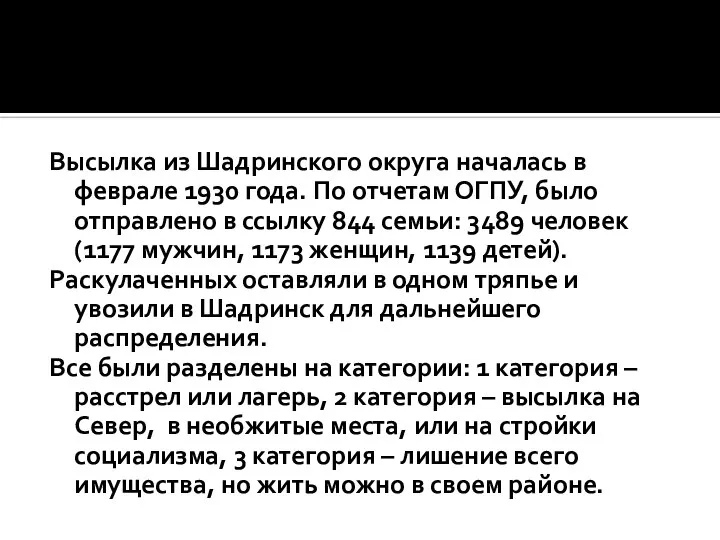 Высылка из Шадринского округа началась в феврале 1930 года. По отчетам ОГПУ,