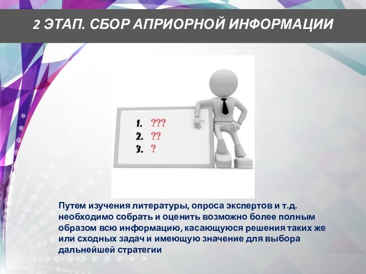 2 ЭТАП. СБОР АПРИОРНОЙ ИНФОРМАЦИИ Путем изучения литературы, опроса экспертов и т.д.