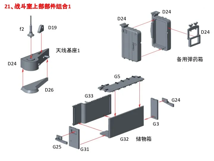 21、战斗室上部部件组合1 天线基座1 备用弹药箱 储物箱 f2 D19 D24 D26 D24 D24 D24 G24