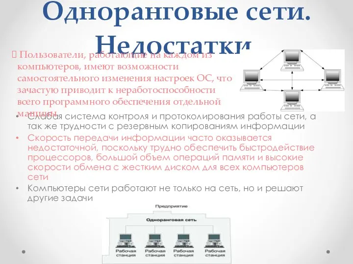 Одноранговые сети. Недостатки. Слабая система контроля и протоколирования работы сети, а так