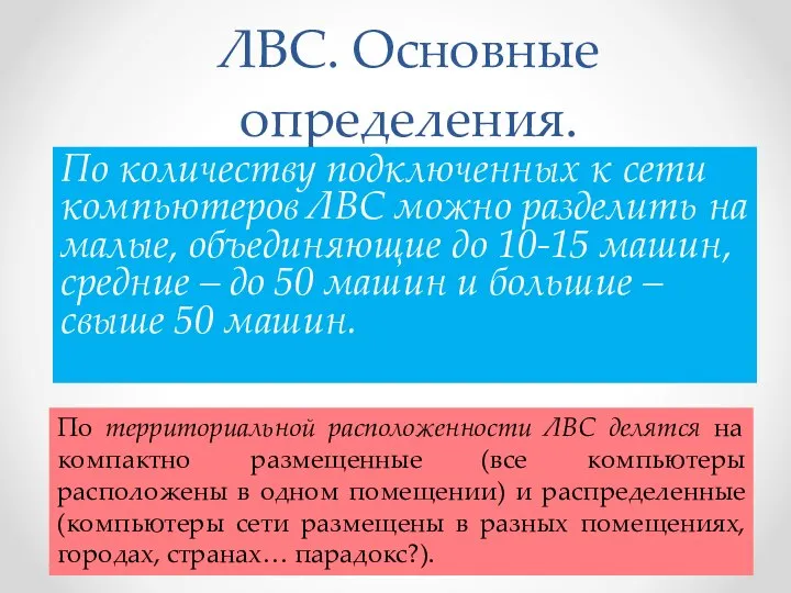 ЛВС. Основные определения. По территориальной расположенности ЛВС делятся на компактно размещенные (все