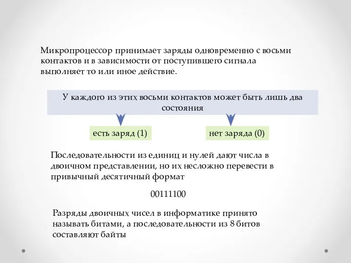 Микропроцессор принимает заряды одновременно с восьми контактов и в зависимости от поступившего