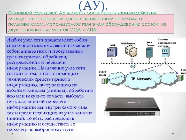 Абонентские устройства (АУ). Основной функцией АУ является организация взаимодействия между сетью передачи