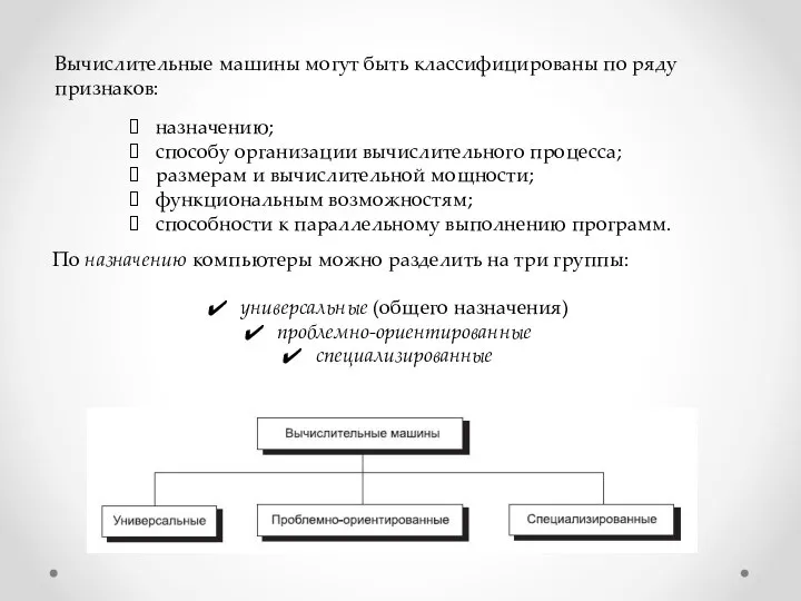 Вычислительные машины могут быть классифицированы по ряду признаков: назначению; способу организации вычислительного