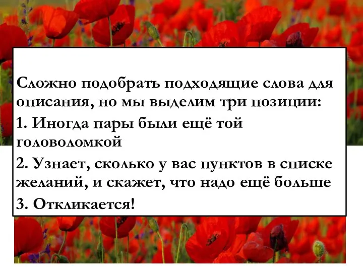 Сложно подобрать подходящие слова для описания, но мы выделим три позиции: 1.