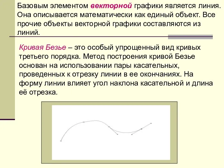 Базовым элементом векторной графики является линия. Она описывается математически как единый объект.