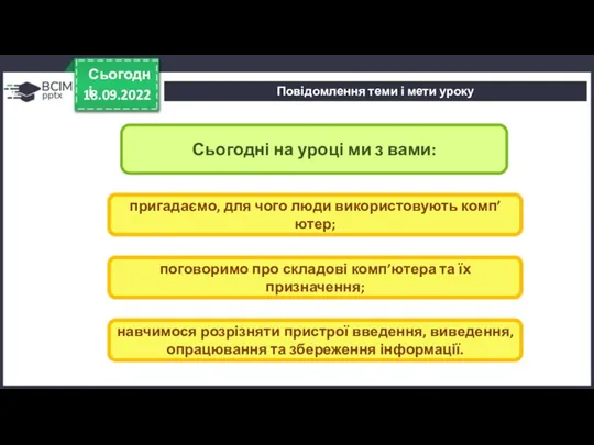 Повідомлення теми і мети уроку 18.09.2022 Сьогодні Сьогодні на уроці ми з