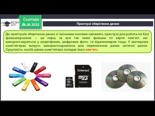 18.09.2022 Сьогодні До пристроїв зберігання даних зі змінними носіями належать пристрої для