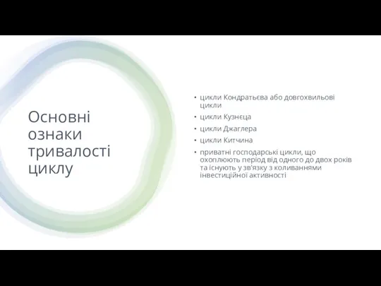 Основні ознаки тривалості циклу цикли Кондратьєва або довгохвильові цикли цикли Кузнєца цикли