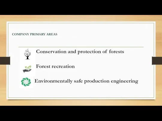 COMPANY PRIMARY AREAS Conservation and protection of forests Forest recreation Environmentally safe production engineering