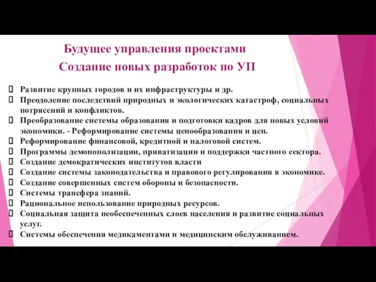 Будущее управления проектами Создание новых разработок по УП Развитие крупных городов и