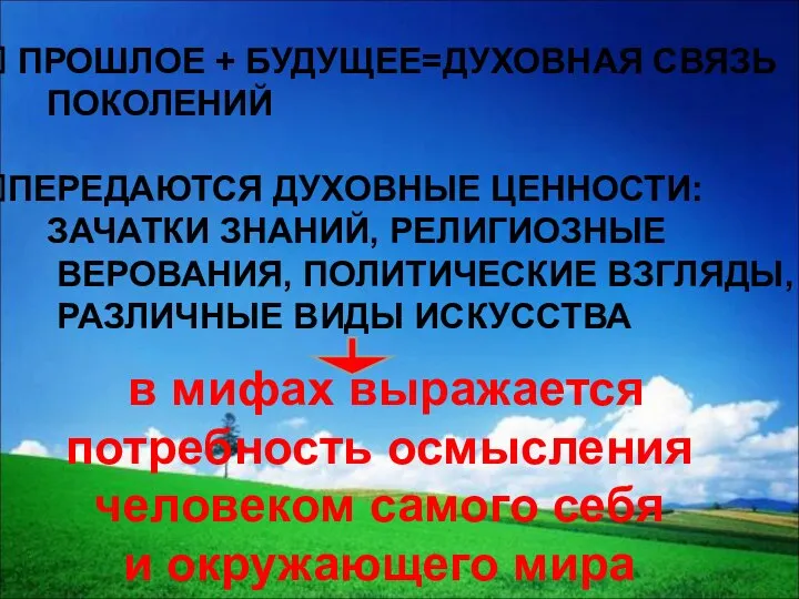 ПРОШЛОЕ + БУДУЩЕЕ=ДУХОВНАЯ СВЯЗЬ ПОКОЛЕНИЙ ПЕРЕДАЮТСЯ ДУХОВНЫЕ ЦЕННОСТИ: ЗАЧАТКИ ЗНАНИЙ, РЕЛИГИОЗНЫЕ ВЕРОВАНИЯ,