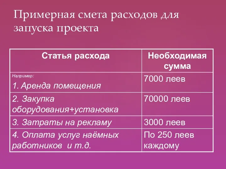 Примерная смета расходов для запуска проекта