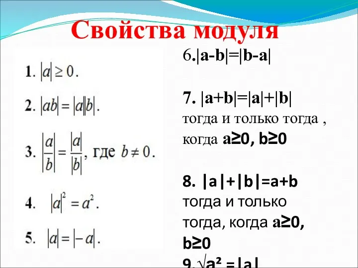 Свойства модуля 6.|a-b|=|b-a| 7. |a+b|=|a|+|b| тогда и только тогда , когда a≥0,